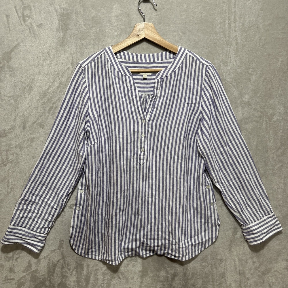 Talbots Purple & White Striped Popover Button Roll Tab Sleeve Linen Blend Size S